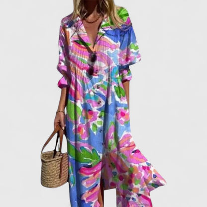 Women's V-Neck Maxi Dress Button Down