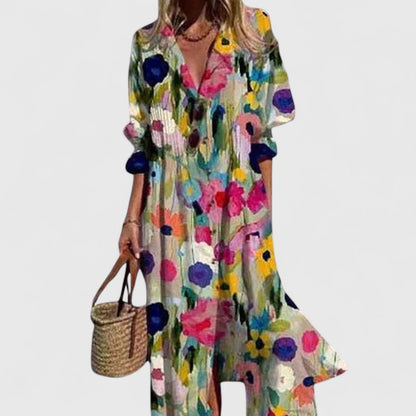Women's V-Neck Maxi Dress Button Down