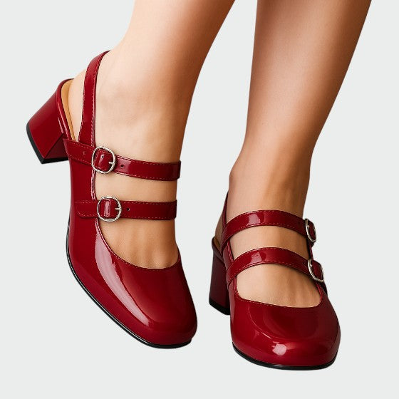 Women's Double Strap Block Heel Pumps Patent Leather - VibreMode