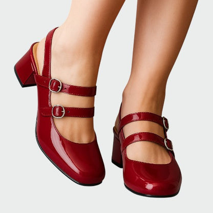 Women's Double Strap Block Heel Pumps Patent Leather - VibreMode