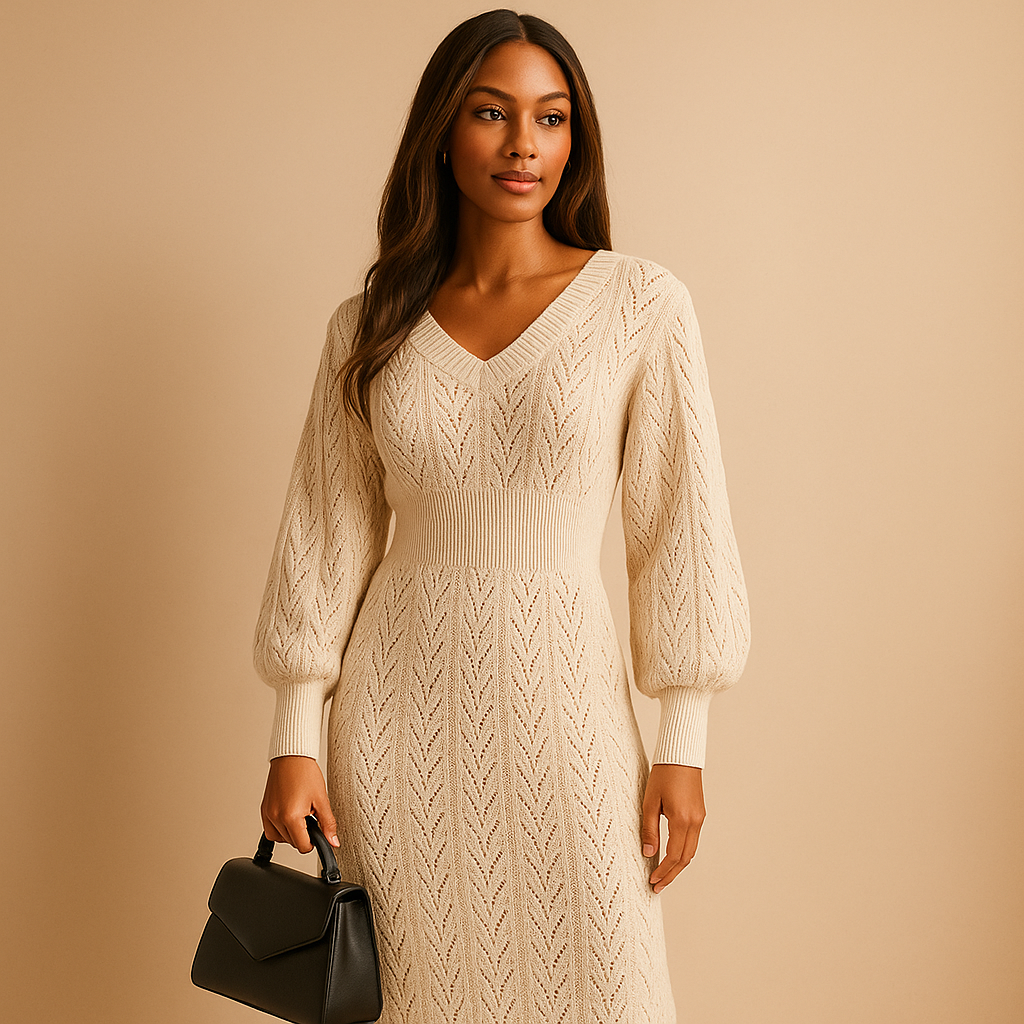 Women's V-Neck Knitted Dress Long Sleeves - VibreMode