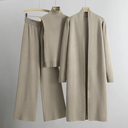 Women's Knit Three Piece Set Cardigan Pants - VibreMode