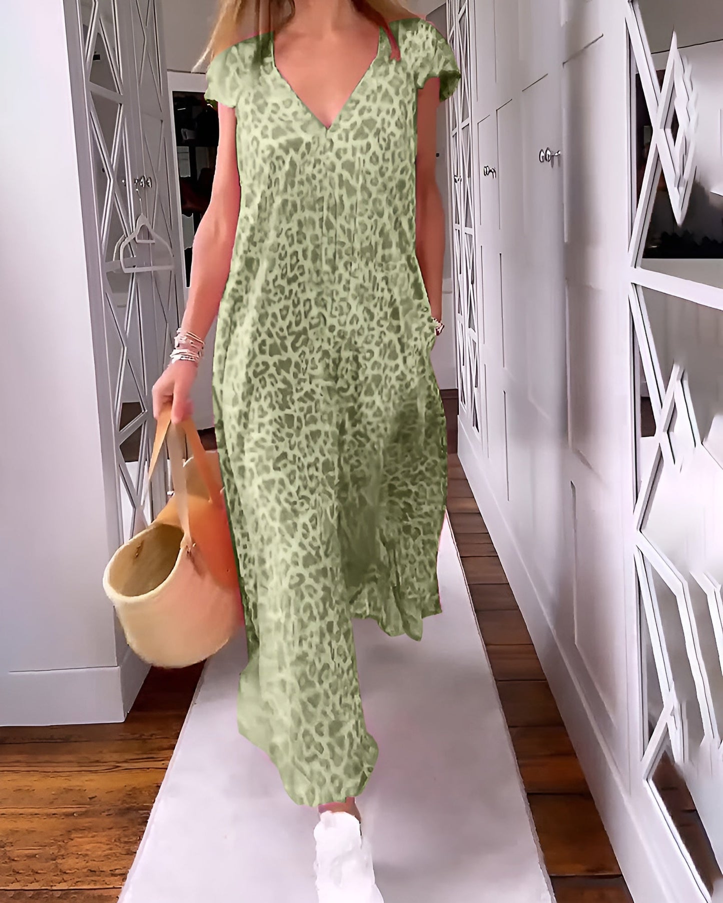 Women's V Neck Printed Long Dress Short Sleeve Loose Fit