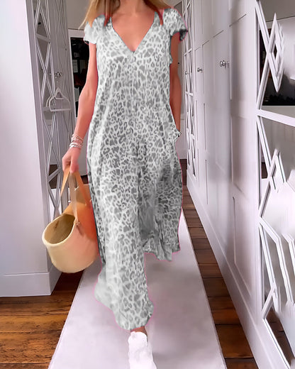 Women's V Neck Printed Long Dress Short Sleeve Loose Fit
