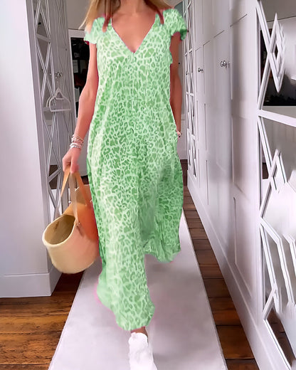 Women's V Neck Printed Long Dress Short Sleeve Loose Fit