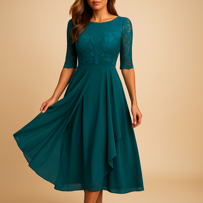 Women’s lace top asymmetric midi dress with layered skirt and elbow-length sleeves, perfect for cocktail parties and elegant occasions.