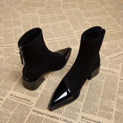 Women's Ankle Boots Pointed Toe Block Heel Black