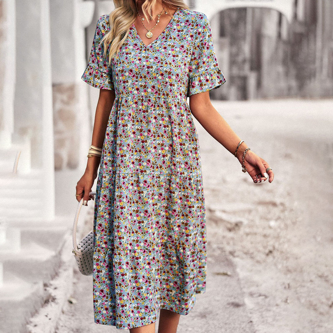 Image of Lauren | Women's V-Neck Ruffle Sleeve Midi Dress
