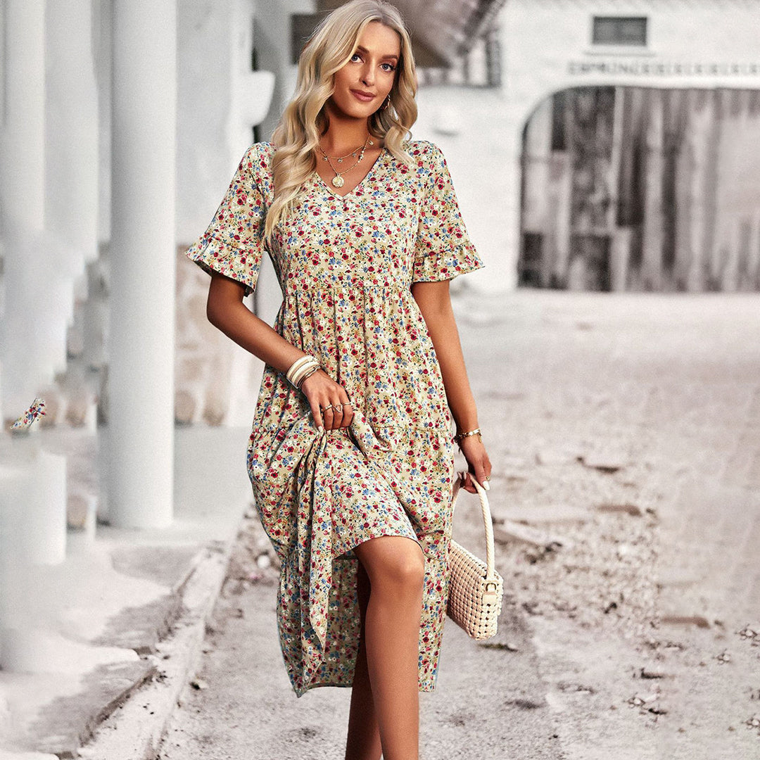 Lauren Women's V-Neck Ruffle Midi Dress - VibreMode