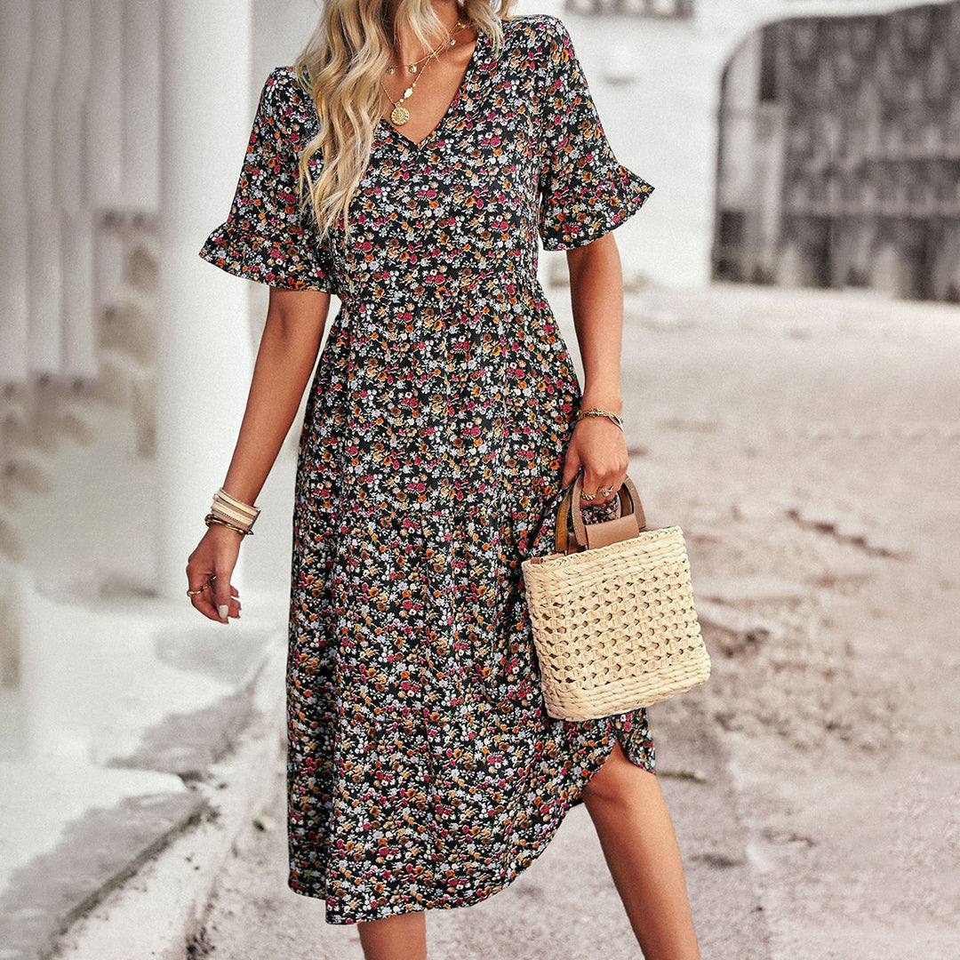 Image of Lauren | Women's V-Neck Ruffle Sleeve Midi Dress
