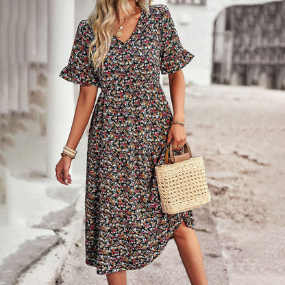 Image of Lauren | Women's V-Neck Ruffle Sleeve Midi Dress