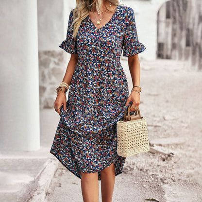 Image of Lauren | Women's V-Neck Ruffle Sleeve Midi Dress