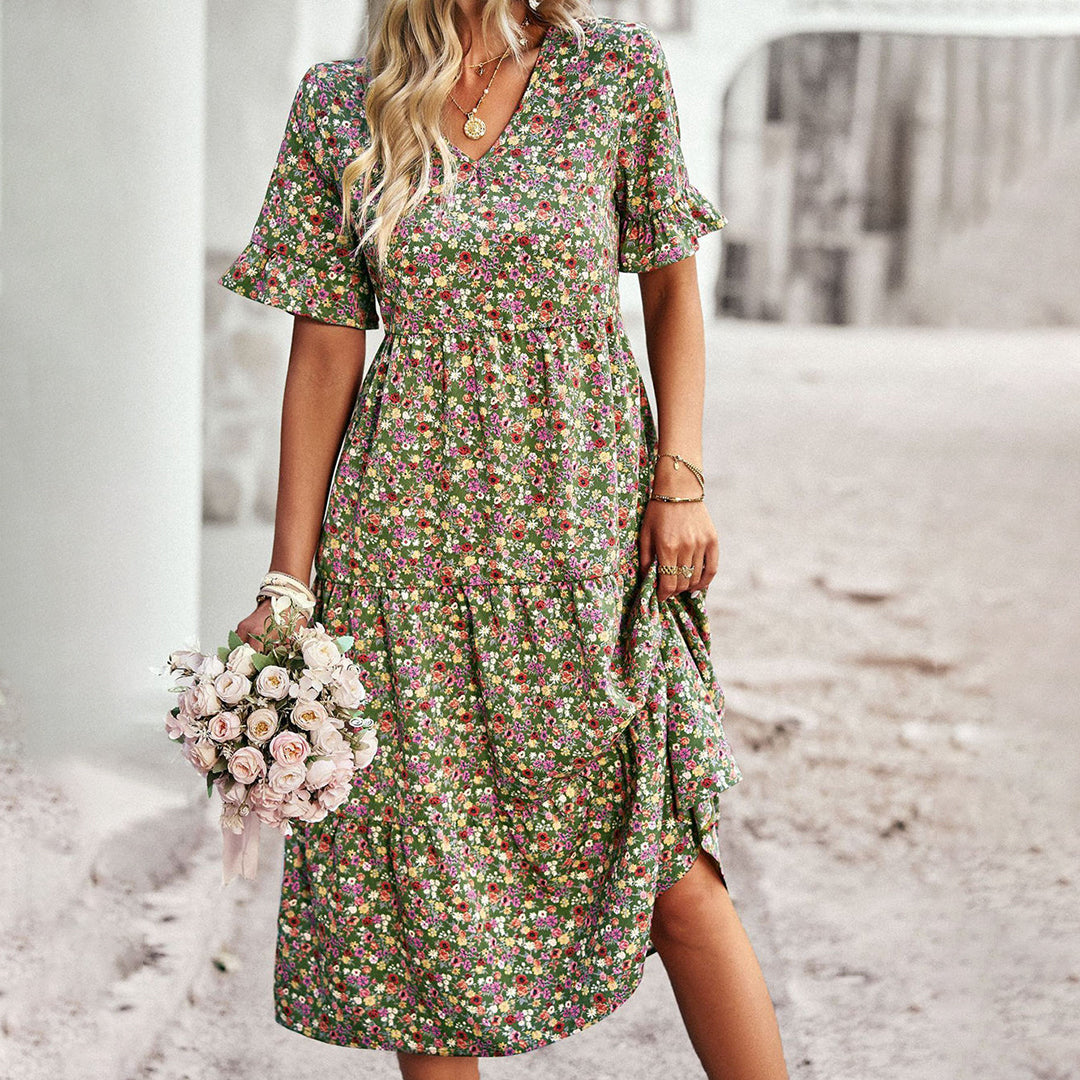 Image of Lauren | Women's V-Neck Ruffle Sleeve Midi Dress