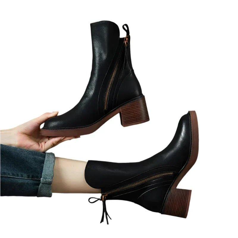 Women's Block Heel Boots Side Zipper Closure - VibreMode