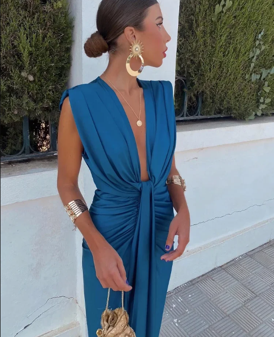 Image of Leslie | Women's Plunge Neck Midi Dress
