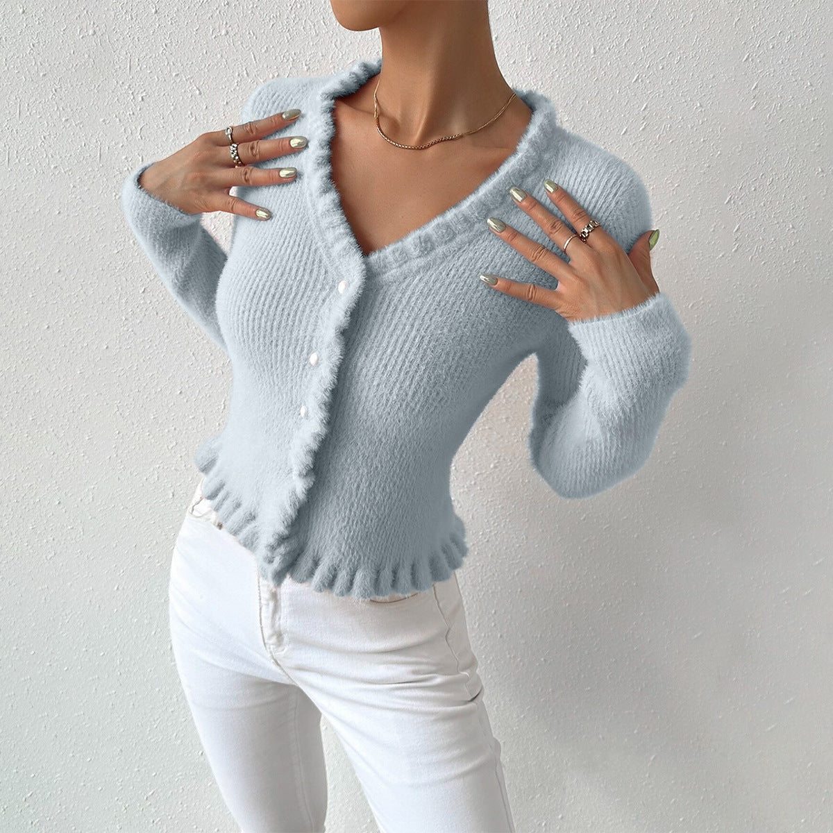Image of Leslie | Women's Ruffle Trim Button-Front Cardigan