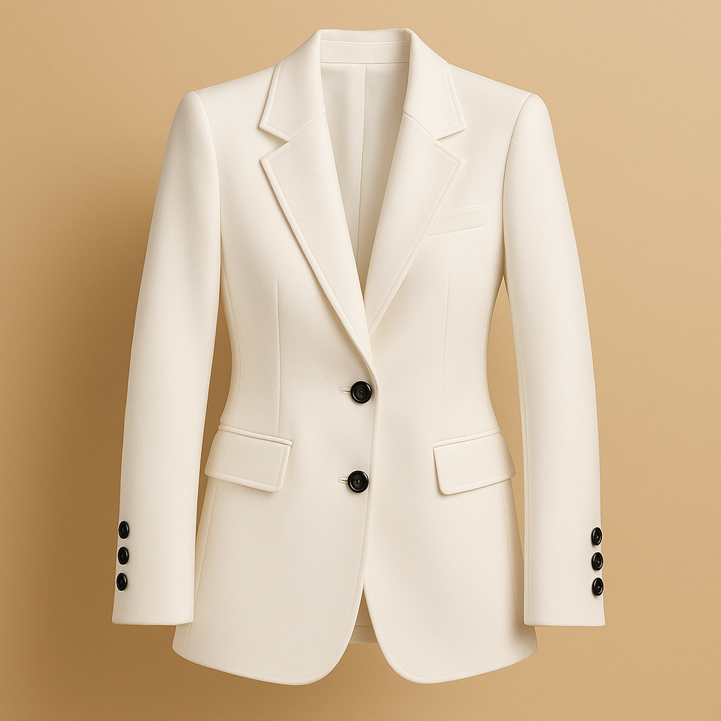 Long elegant blazer for women with a timeless silhouette and modern details, available in classic neutral colors.