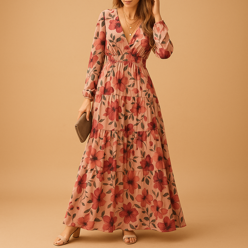 Long floral summer dress with V-neck for women in lightweight breathable fabric, ideal for beach days, casual outings, and summer parties.