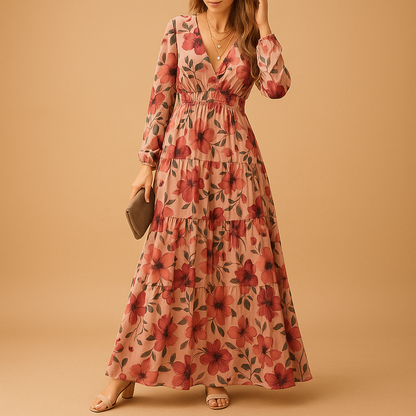 Long floral summer dress with V-neck for women in lightweight breathable fabric, ideal for beach days, casual outings, and summer parties.