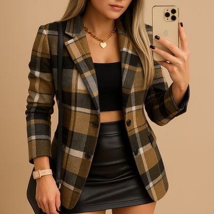 Women’s long quilted blazer with check pattern, button closure, and warm lining, ideal for winter days and both casual and formal outfits.