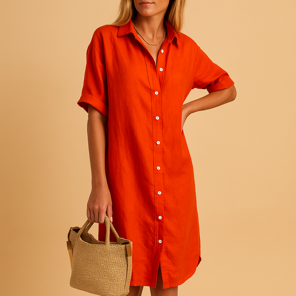 Women’s long shirt dress with short sleeves and a loose fit, perfect for summer days, work, casual outings, and parties.
