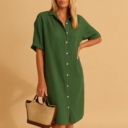 Women’s long shirt dress with short sleeves and a loose fit, perfect for summer days, work, casual outings, and parties.