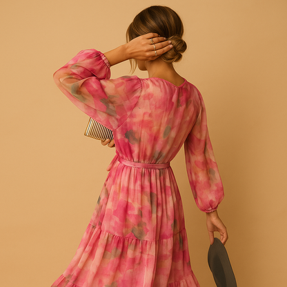 Women’s flowy summer dress with long sleeves and A-line silhouette, perfect for casual outings, brunch, and semi-formal occasions in warm weather.