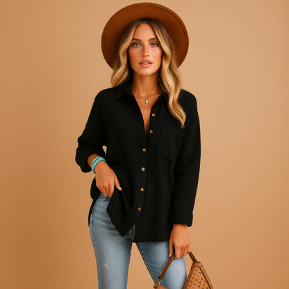 Women’s long sleeve polo shirt with a relaxed fit, classic collar, button closure, and chest pocket, suitable for work and casual everyday wear.