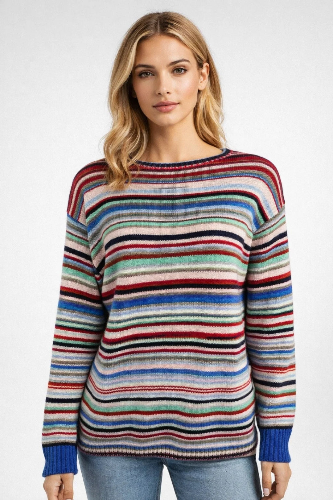 Women's Multicolored Crew Neck Long Sleeve Sweater - VibreMode