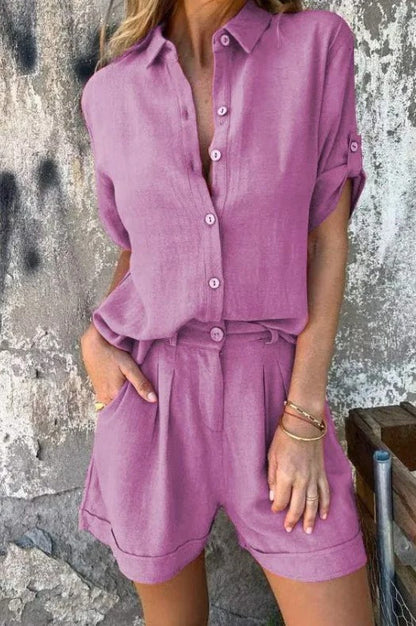 Women's Button Shirt Shorts Set