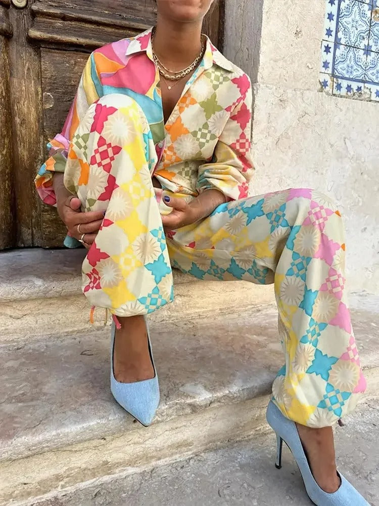 Women's Geometric Print Shirt And Pants Set - VibreMode