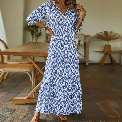 Women's V-Neck Maxi Dress Printed Tiered Hem