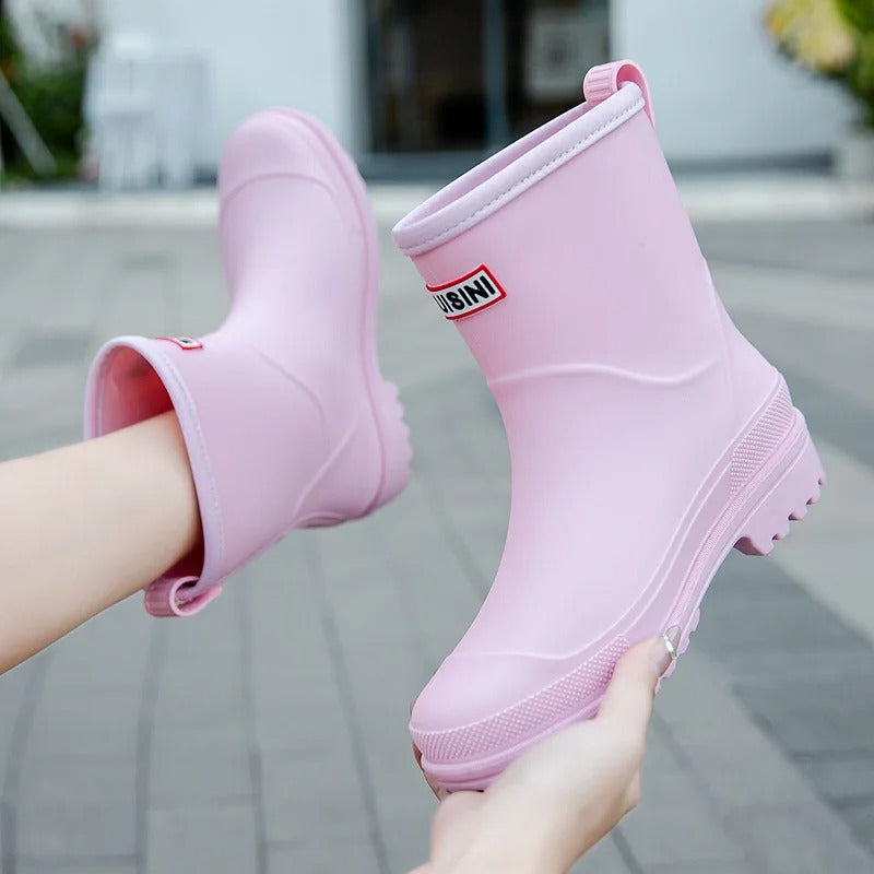 Women's Waterproof Mid Calf Rain Boots Non Slip Sole Black