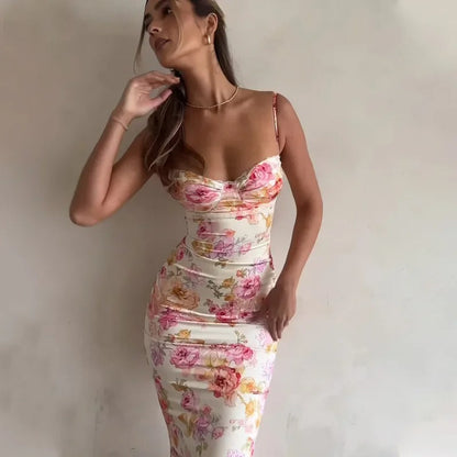 Women's Floral Maxi Dress Lace Trim