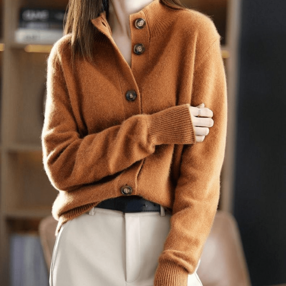 Women's Knit Cardigan Lapel Collar Button-Up Beige