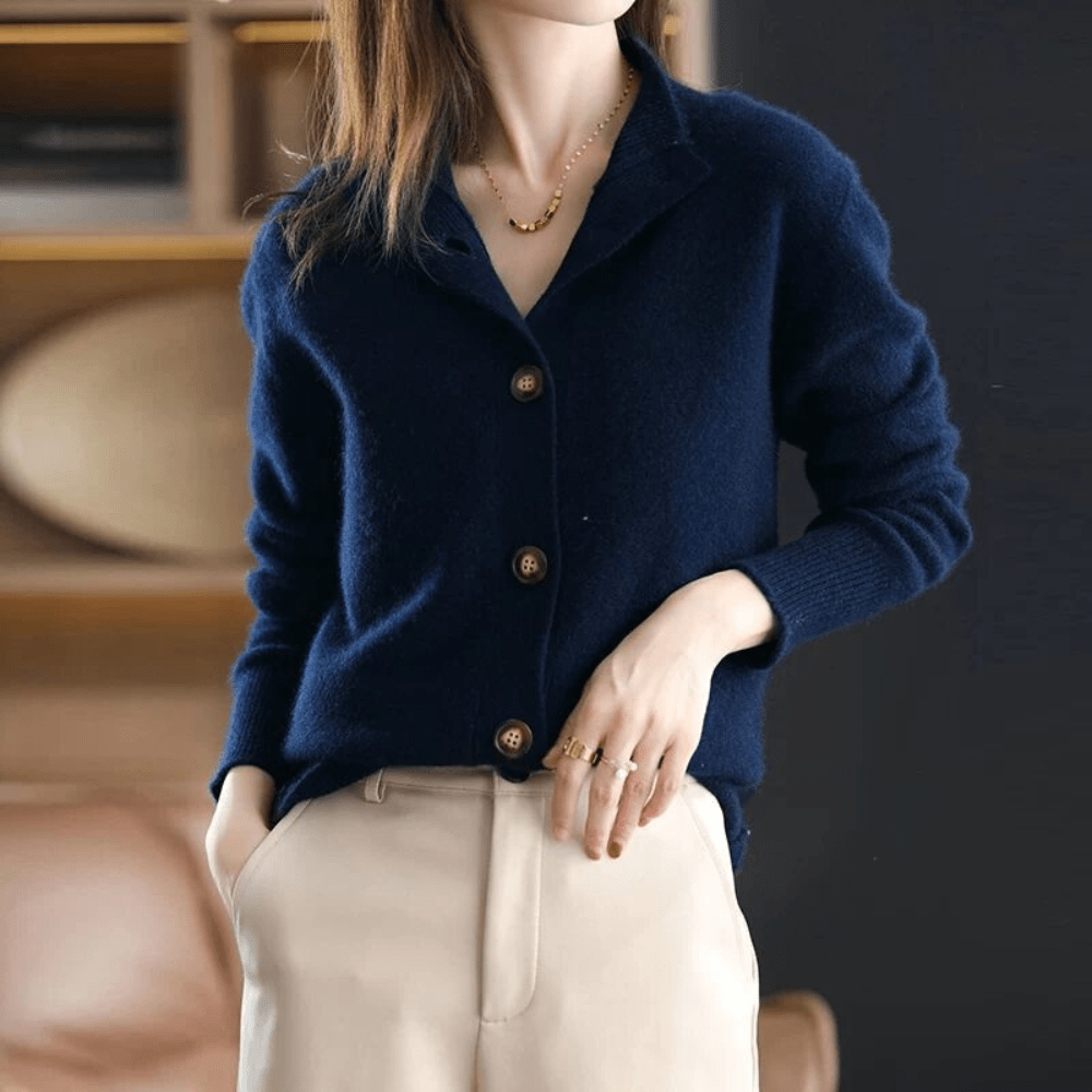 Women's Knit Cardigan Lapel Collar Button-Up Beige - VibreMode