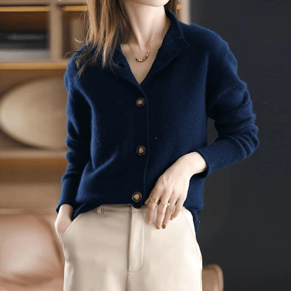 Women's Knit Cardigan Lapel Collar Button-Up Beige - VibreMode