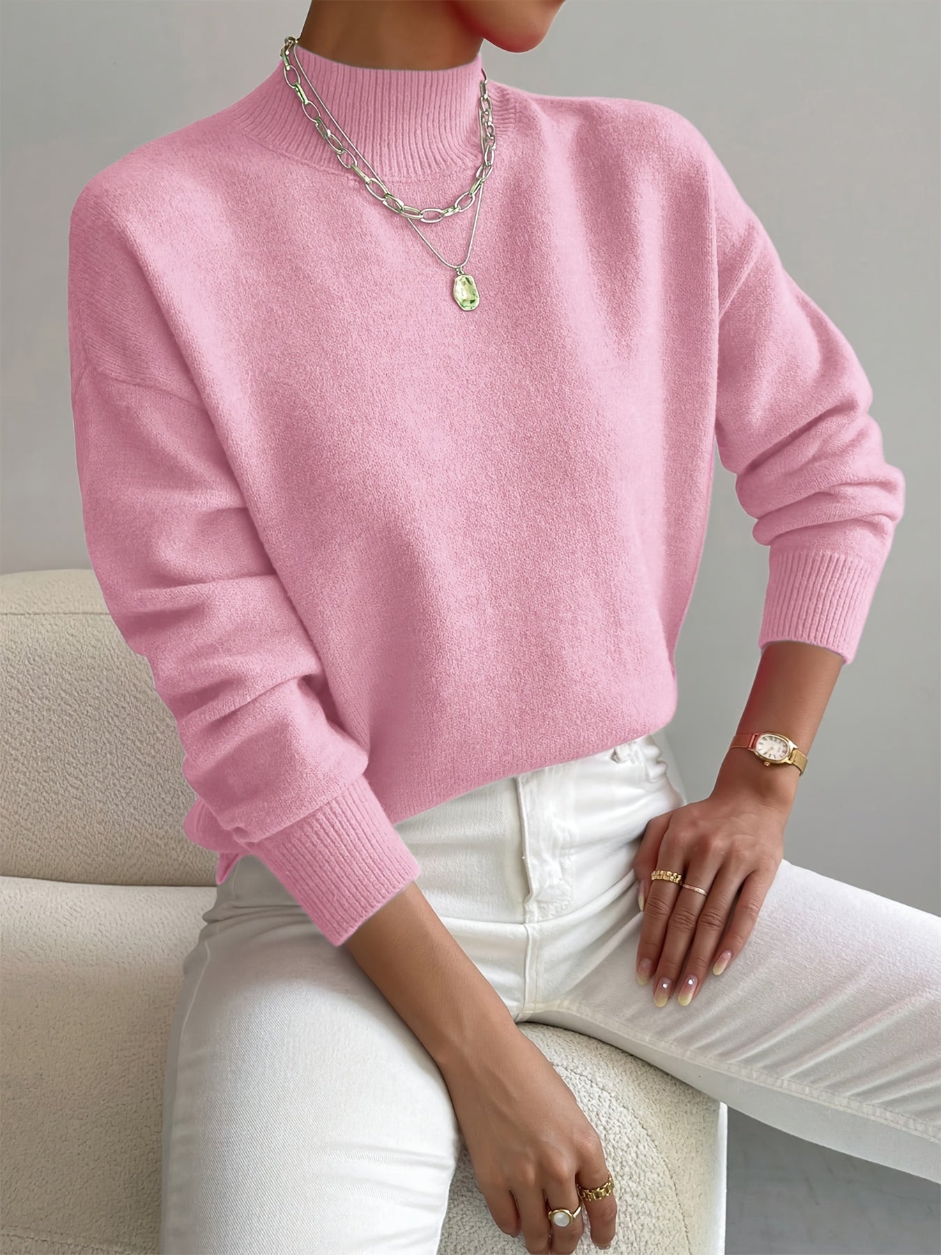 Women's Crew Neck Sweater Ribbed Edges