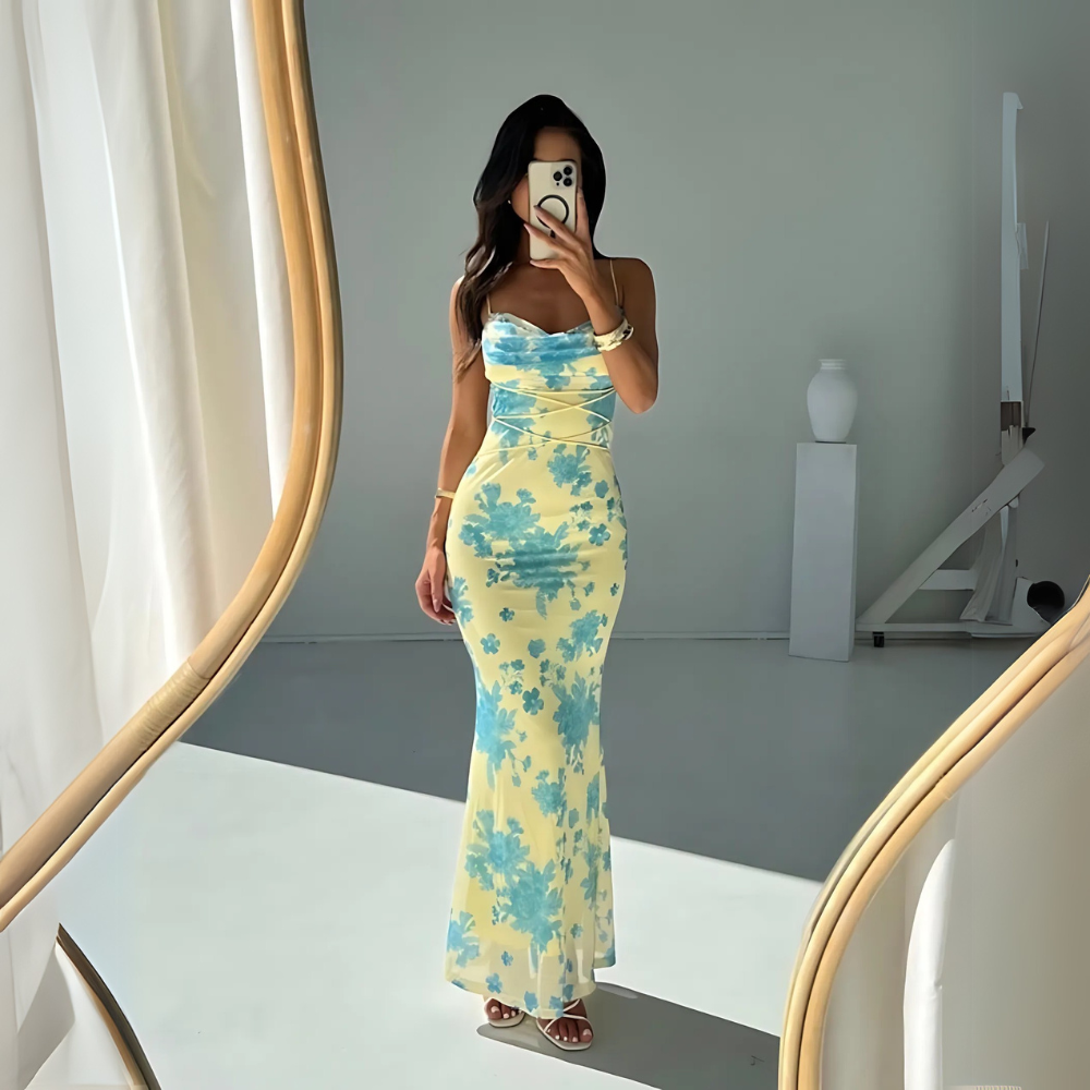 Image of Marina | Women's Floral Spaghetti Strap Bodycon Maxi Dress