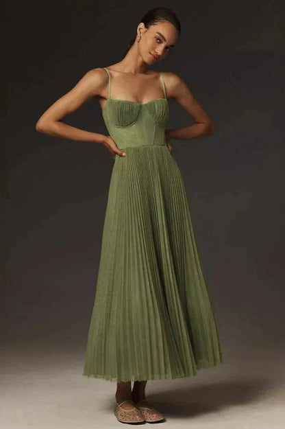 Women's Pleated Midi Dress Spaghetti Strap - VibreMode