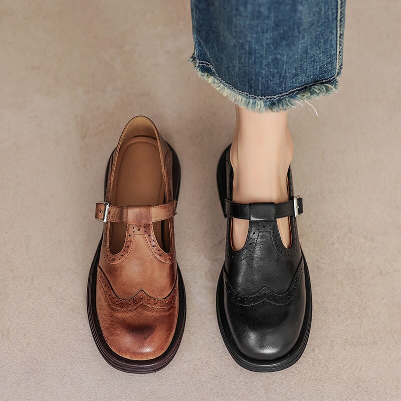 Women's Classic Leather Block Heel Mary Jane Shoes