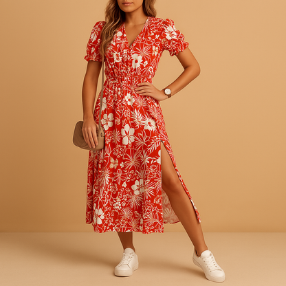 Women’s summer maxi dress with V-neck and slit, lightweight and breathable design, perfect for beach vacations and casual summer days.