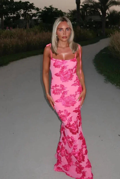 Women's Pink Floral Maxi Dress Shoulder Ties - VibreMode
