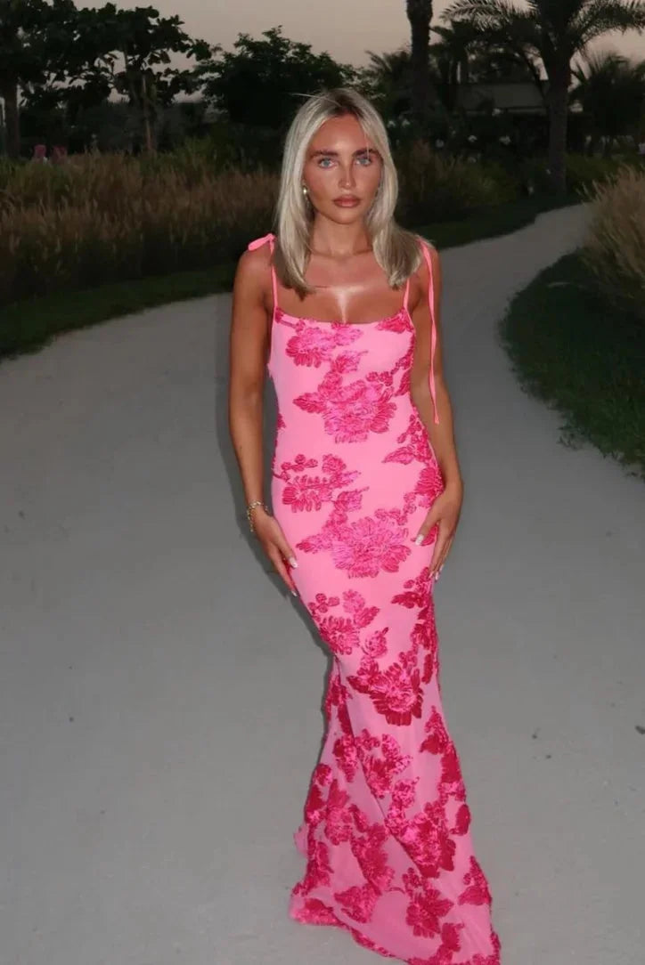 Women's Pink Floral Maxi Dress Shoulder Ties
