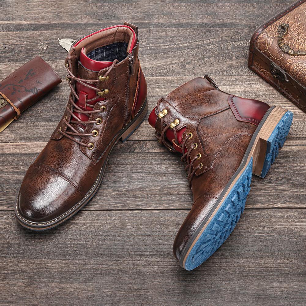 Men's Ankle Boots Lace-Up Cap Toe Brown Leather