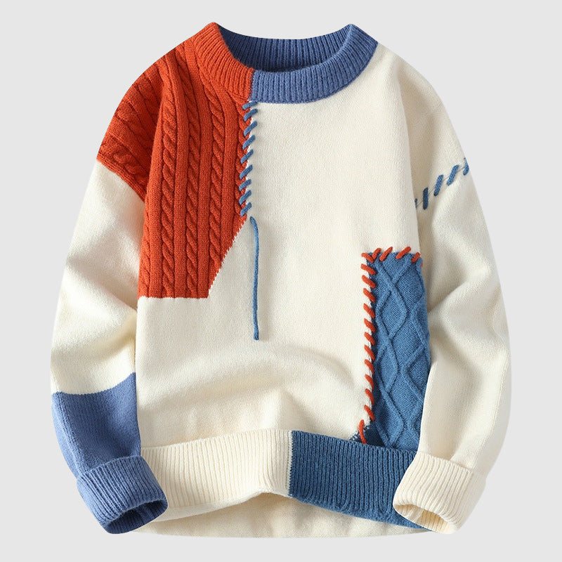 Men's Crewneck Sweater Patchwork Cable Knit - VibreMode