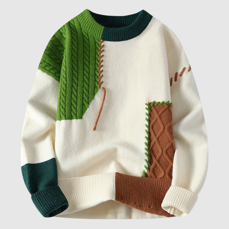 mens-crewneck-knit-sweater-with-patchwork-panels-and-cable-stitching-2