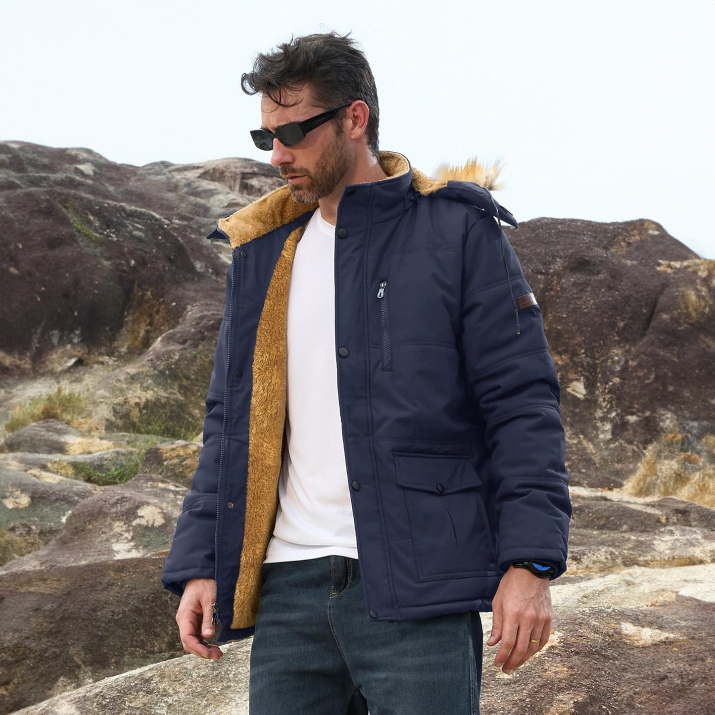 Men's Fleece-Lined Parka Jacket Warm Puffer Black