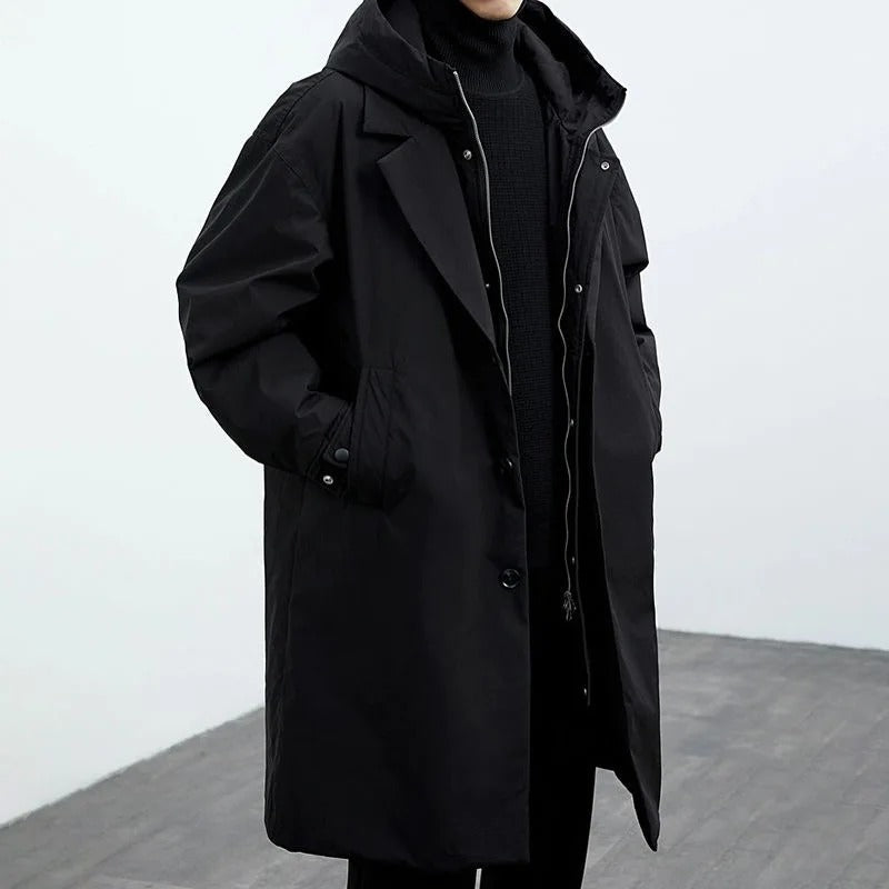 Men's Waterproof Puffer Trench Coat With Hood Black