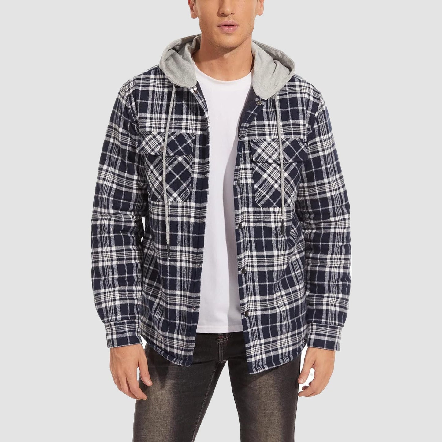 Men's Quilted Flannel Jacket With Hood Warm
